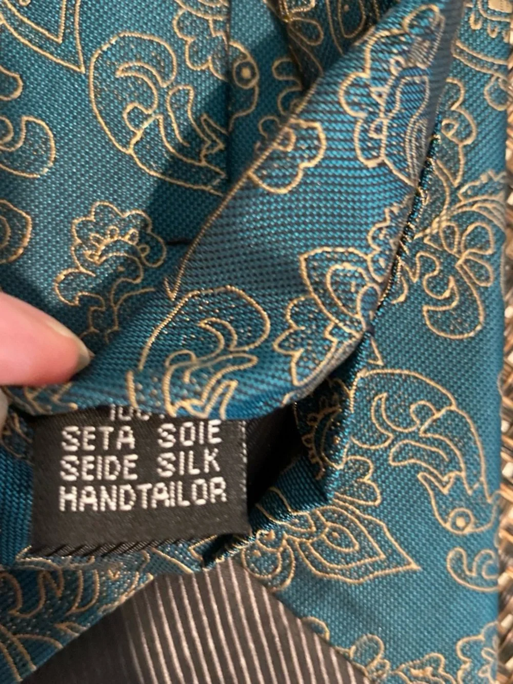 Hi-Tie Mens Teal Paisley Men’s Silk Tie with Gold Paisley Accents